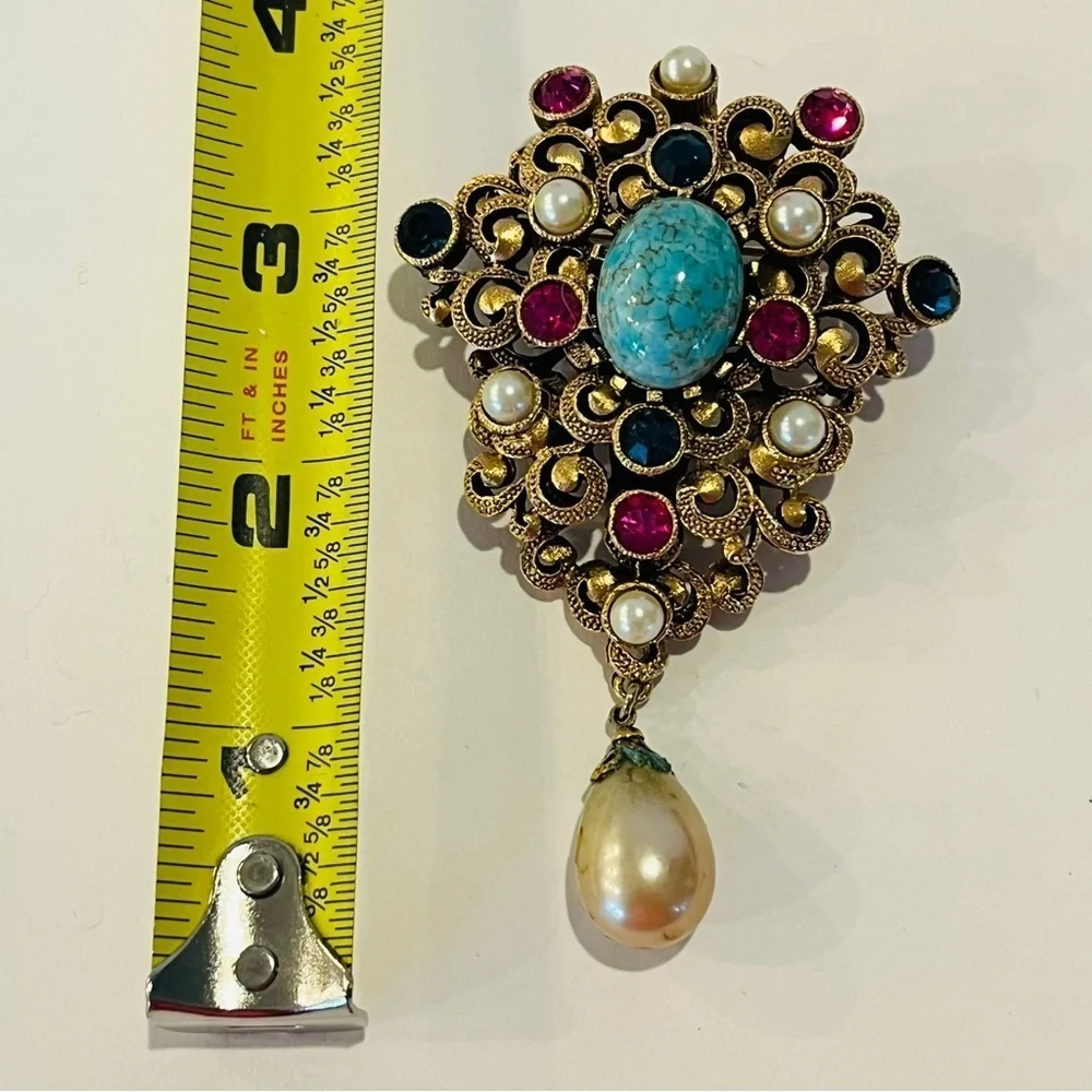 Vintage Gold Tone and Turquoise Brooch with Pearl Drop